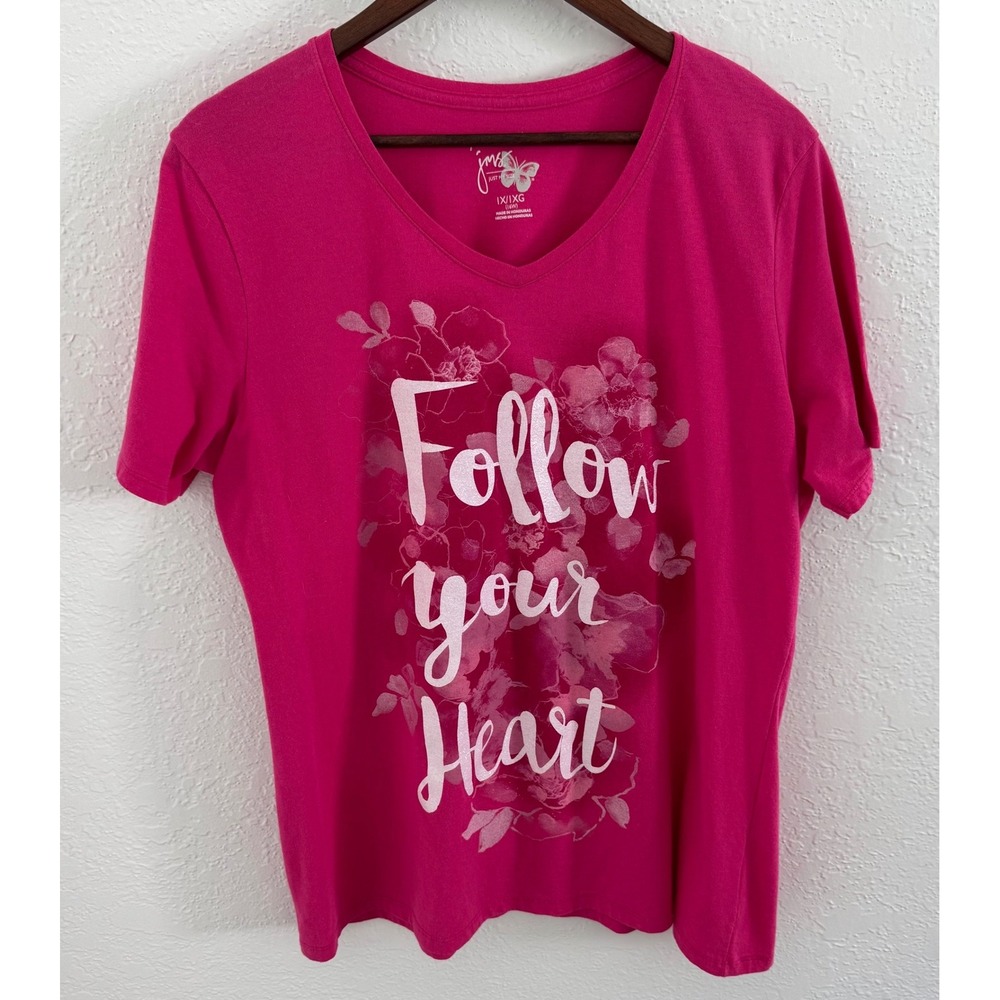 Just My Size Hanes Top Women's 1X 16W Plus Tee Glitter "Follow Your Heart" Pink
